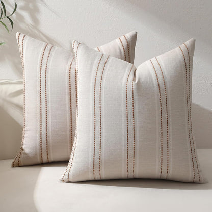 Rust Throw Pillow Covers 20X20 Set of 2 Striped Fall Pillow Covers Textured Linen Decorative Pillows Square Cushion Covers for Sofa Couch Bed Living Room Farmhouse Decor