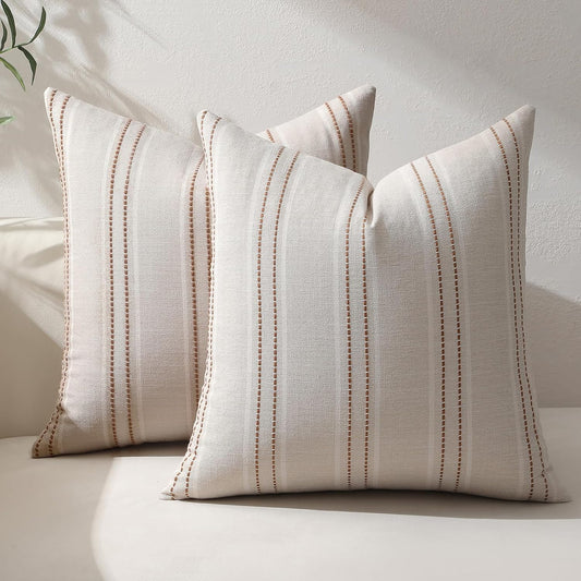 Rust Throw Pillow Covers 20X20 Set of 2 Striped Fall Pillow Covers Textured Linen Decorative Pillows Square Cushion Covers for Sofa Couch Bed Living Room Farmhouse Decor