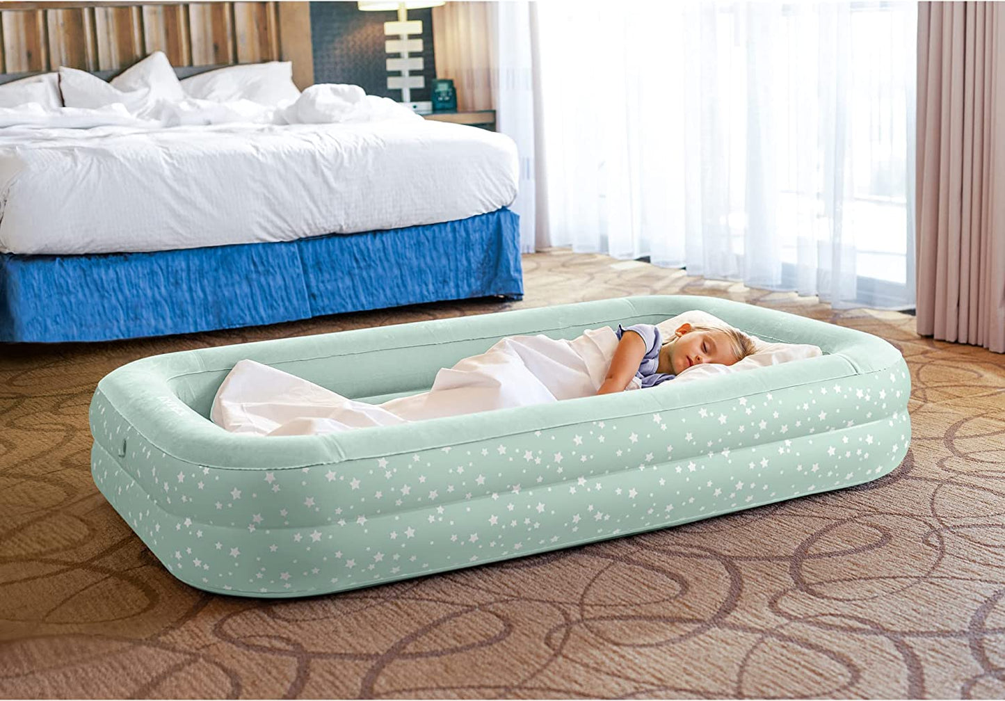 Kids Travel Air Mattress Inflatable Bed with Raised Sides and Hand Pump - Portable Blow-Up Toddler Traveler Bed for Children'S Naps or Sleep