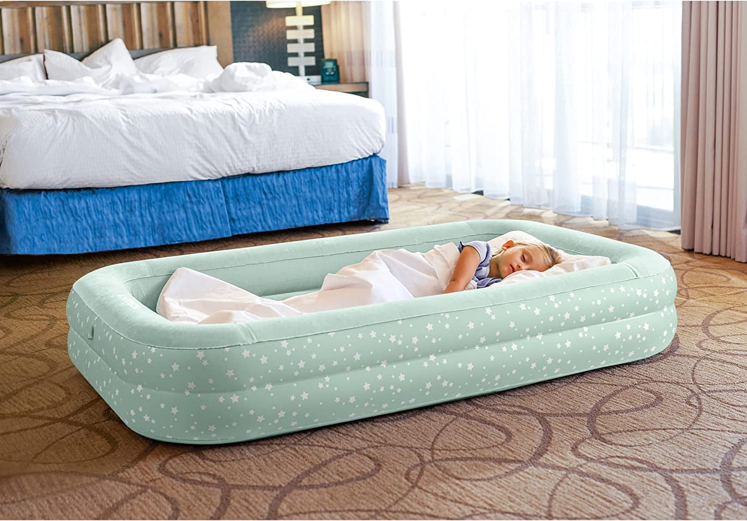 Kids Travel Air Mattress Inflatable Bed with Raised Sides and Hand Pump - Portable Blow-Up Toddler Traveler Bed for Children'S Naps or Sleep