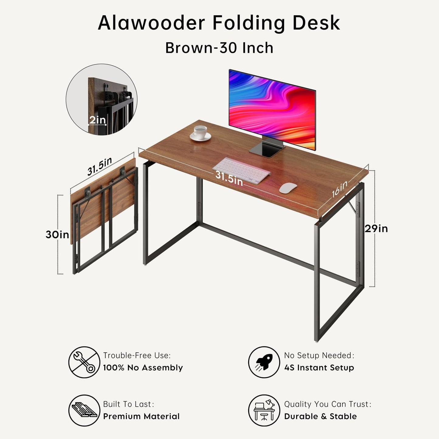 Folding Desk - 31.5" Wood Top Foldable Desk for Small Spaces | No Assembly Required Compact Table for Home Office, Writing, and Study