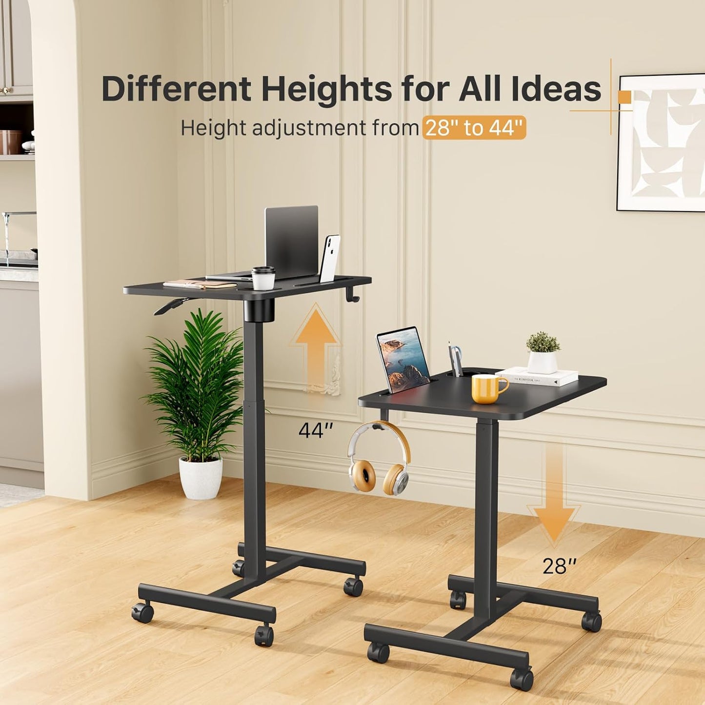Mobile Standing Desk, Rolling Laptop Cart Adjustable Height with Cup Holder, 28 Inch Portable Table with 4 Lockable Wheels, Black Computer Workstation with Hook and Slots for Home Office