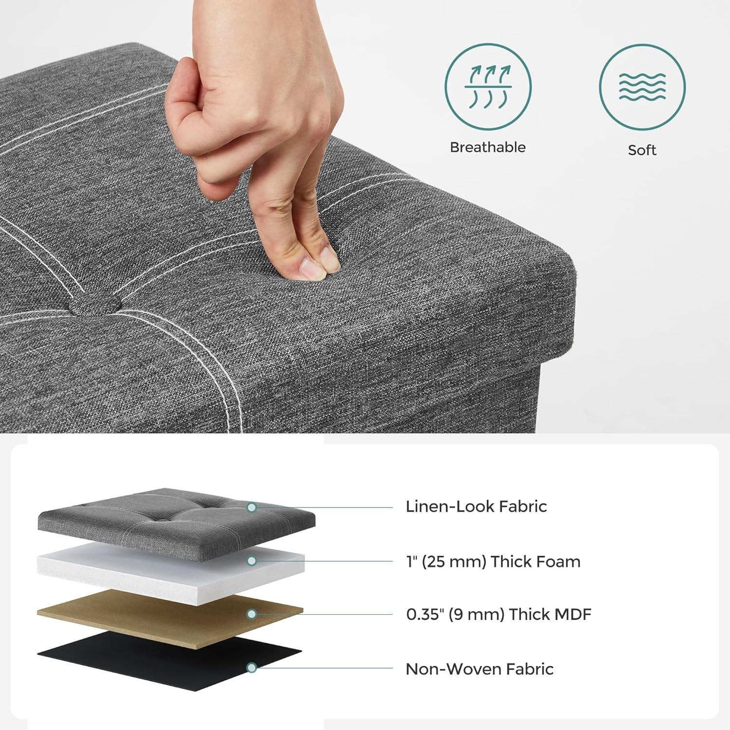 Mazie Collection - 43 Inches Ottoman Storage Bench, 35 Gal. Folding Chest with Breathable Linen-Look Fabric, Load up to 660 Lb, for Entryway, Living Room, Bedroom, Dark Gray ULSF077G04