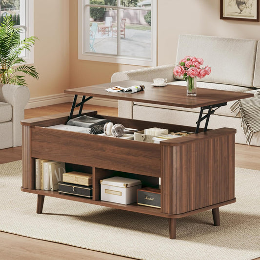 Lift Top Coffee Table with Storage, 41" Mid Century Modern Coffee Table with Fluted & Curved Profile Design, Hidden Storage Compartment, Lower Shelf Center Table for Living Room Office, Walnut