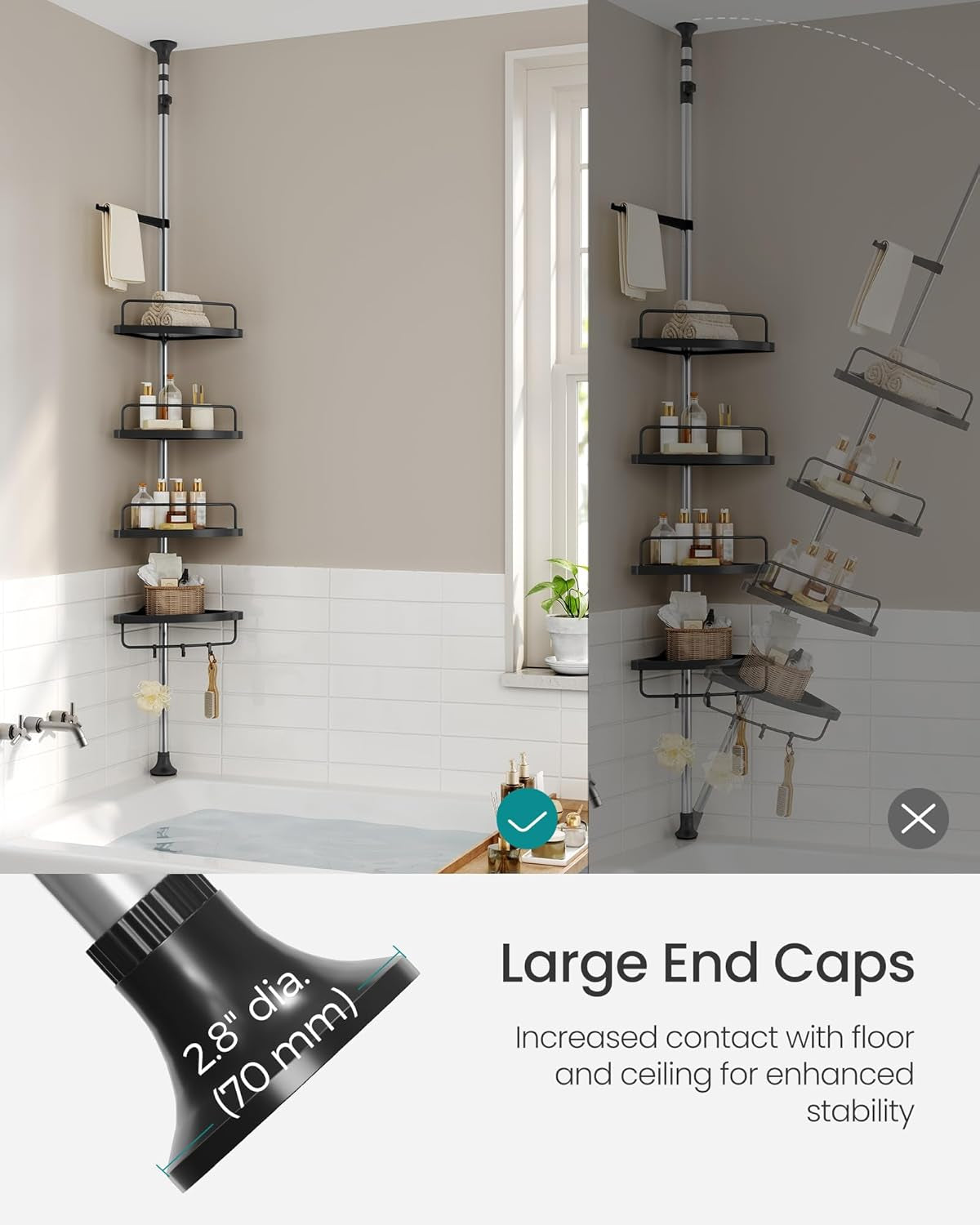 Corner Shower Caddy Tension Pole, 4-Tier Rust-Resistant Shower Organizer, Shower Shelf, Drill-Free, 35.8 to 118.1 Inches, Height Adjustable Trays, for Bathroom, Ink Black UBCB008B01