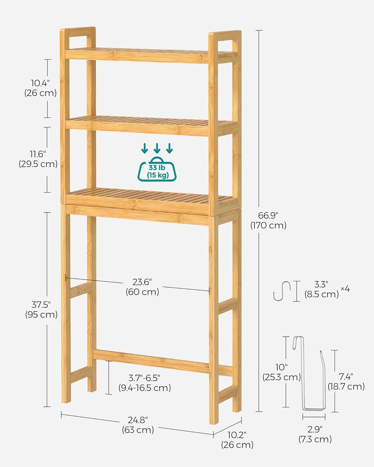 over the Toilet Storage, 3-Tier over Toilet Bathroom Organizer with Adjustable Shelf, 10.2 X 24.8 X 66.9 Inches, Space-Saving, Natural Beige UBTS001N01