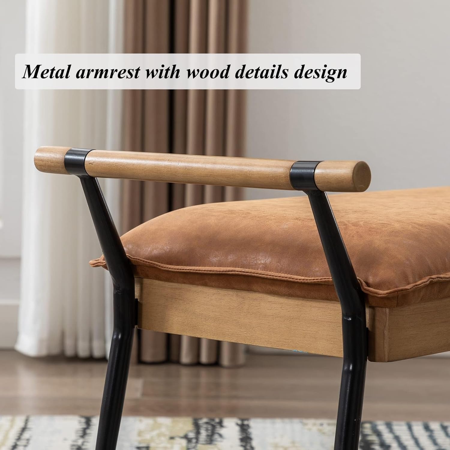 Modern Rectangle Ottoman Bench with Arms and Metal Legs, Mid Century PU Dining Table Bench Footstool Entryway Shoe Bench for Dining Room Bedroom Living Room, Brown
