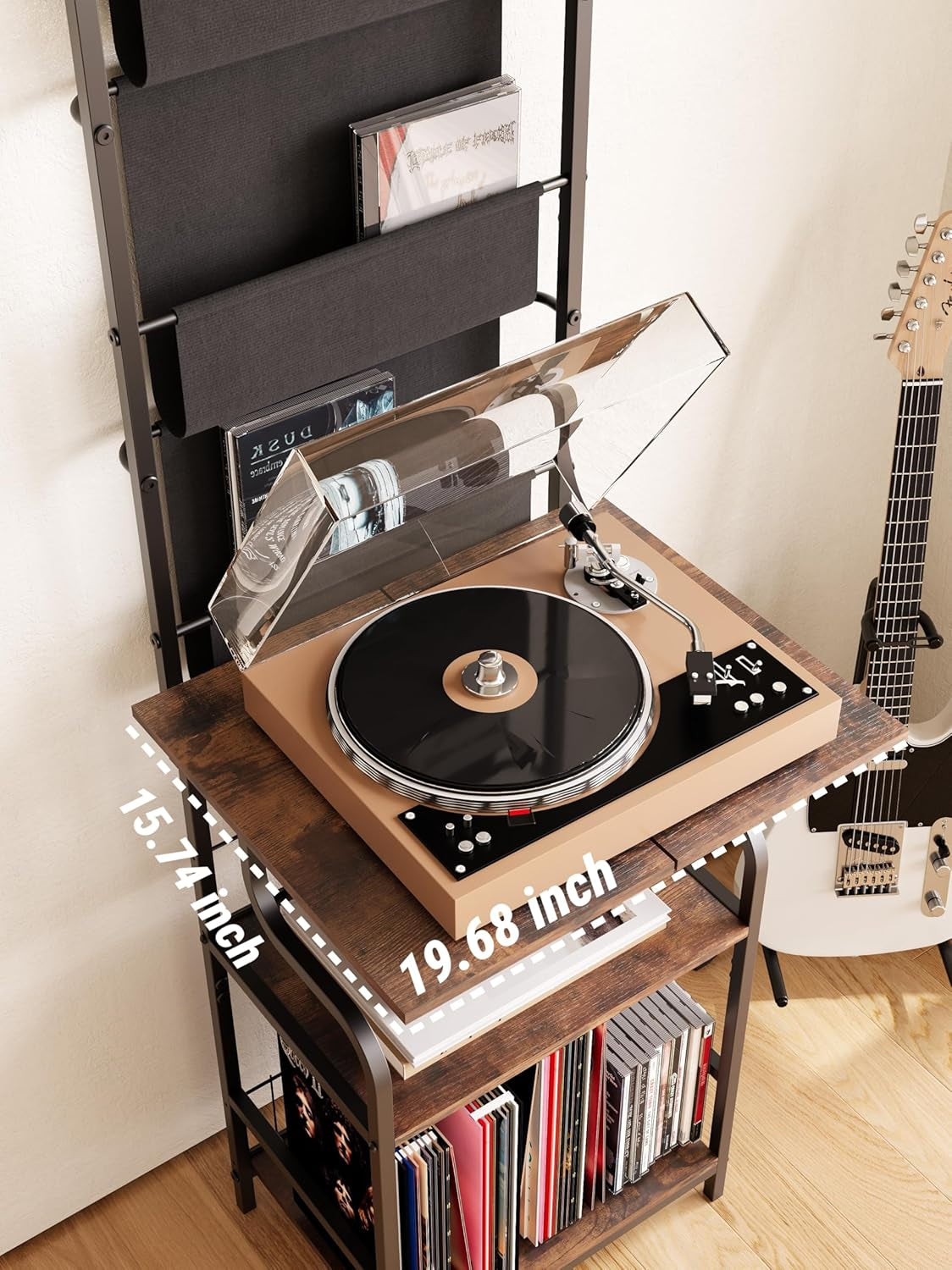 6-Tier Record Player Stand, Turntable Stand with Large Desktop, Tall Vinyl Player Stand with Display Rack, CD Vinyl Storage Holder, Gramophone Table for Living Room