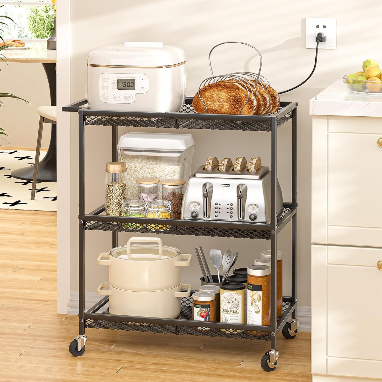 3 Tier Rolling Utility Kitchen Cart, Heavy Duty Wire Rolling Cart on Wheels, Commercial Metal Serving Carts with Handle, Kitchen Island Plant Shelf Food Storage Trolley for Laundry, Office, Garage