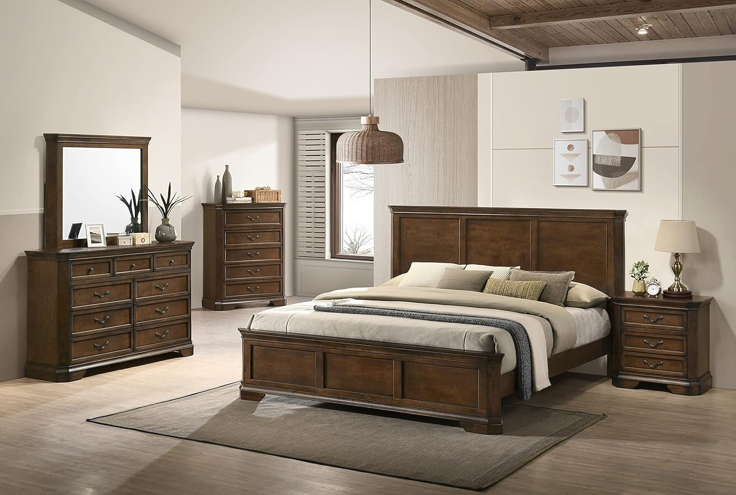 Maderne Traditional Wood Panel Bed with Dresser, Mirror, Two Nightstands, Chest, King, Antique Walnut Finish