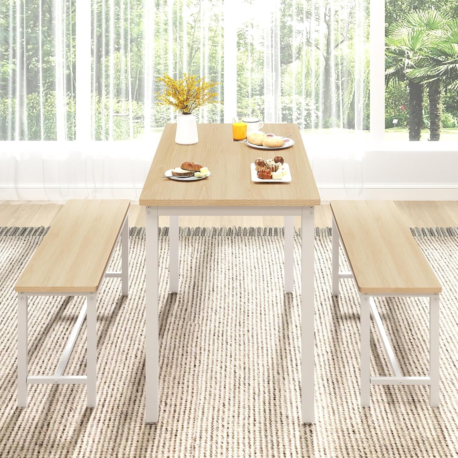 43" Dining Table Benches Set for 4, Modern Space Saving Kitchen Table Chairs & Adjustable Feet Breakfast Table 2 Benches, Wooden Industrial Style Farmhouse, White