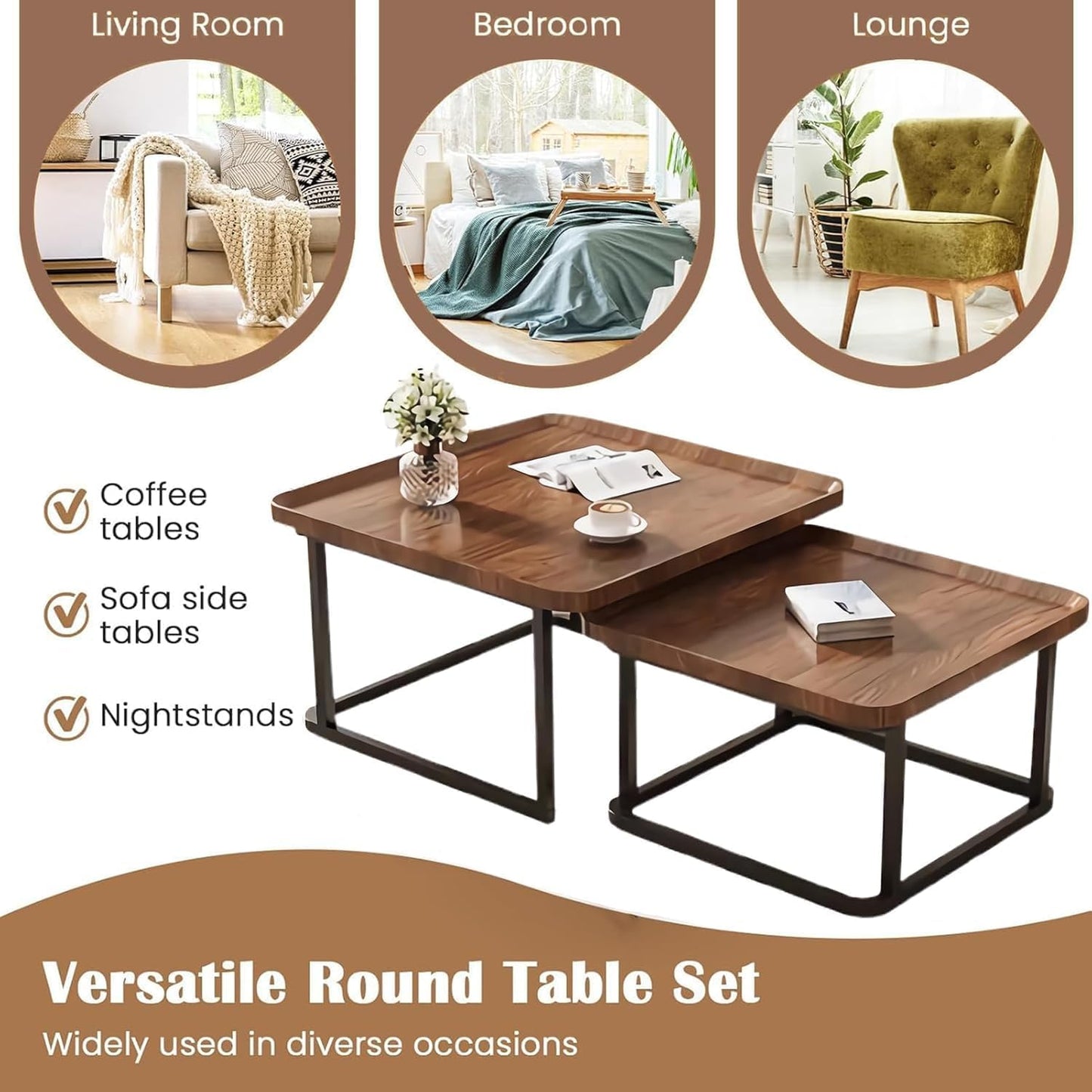 Square Nesting Coffee Table Set of 2, 23.6"+19.7" Nesting Tables,Small Square Coffee Table with Fluted,Center Table for Living Room Bedroom Office Balcony Yard (Walnut)