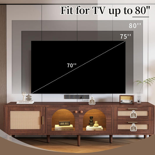 Rattan TV Stand with LED Lights, 70" Entertainment Center with 3 Cabinets & 2 Drawers Media Console Table for Tvs up to 80", Solid Wood Feet, Living Room, Bedroom Furniture