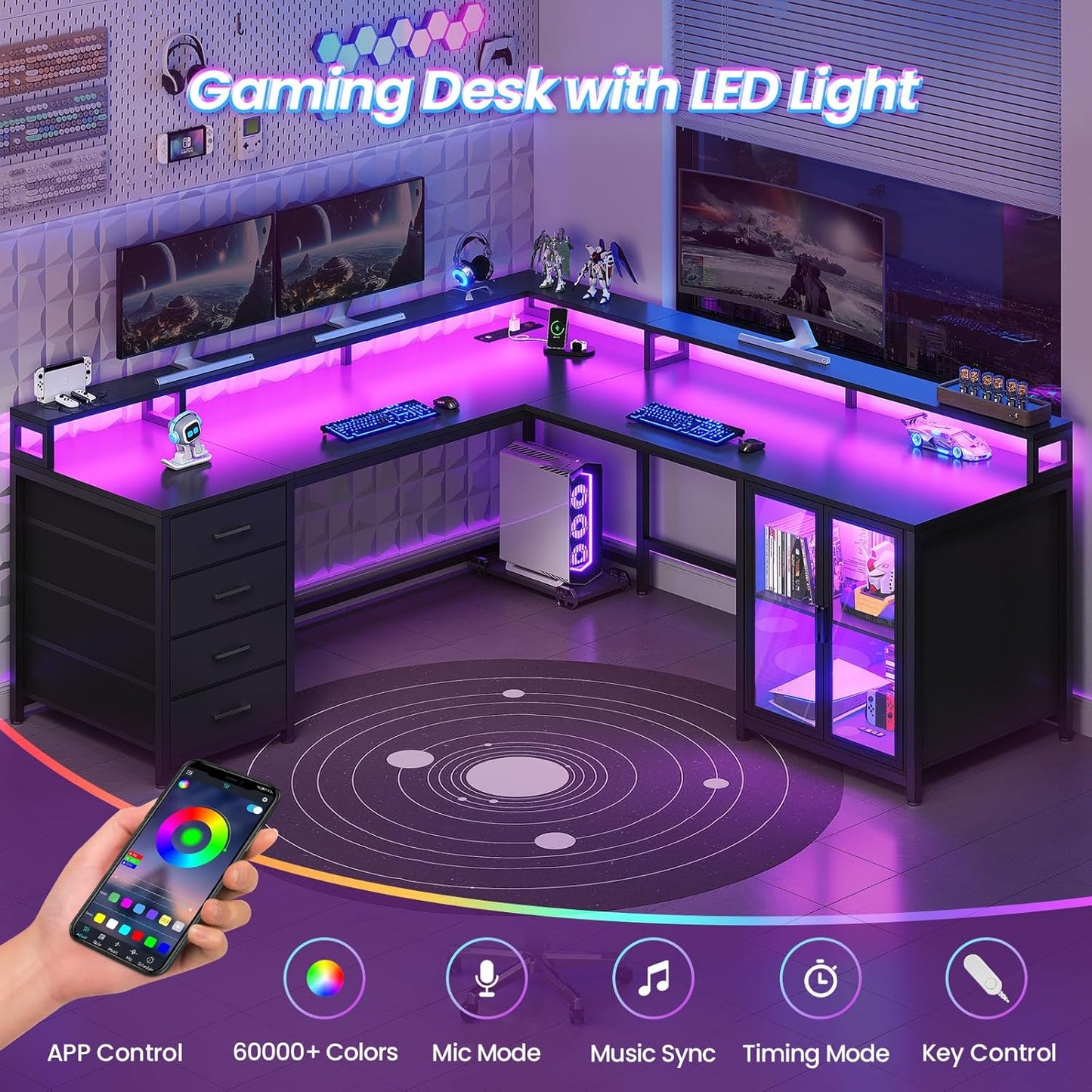 L Shaped Gaming Desk with 4 Drawers, 109” Computer Desk with Display Cabinet, Home Office Desks with 2 Monitor Stands, CPU Stand, LED Lights and Power Outlet, Black