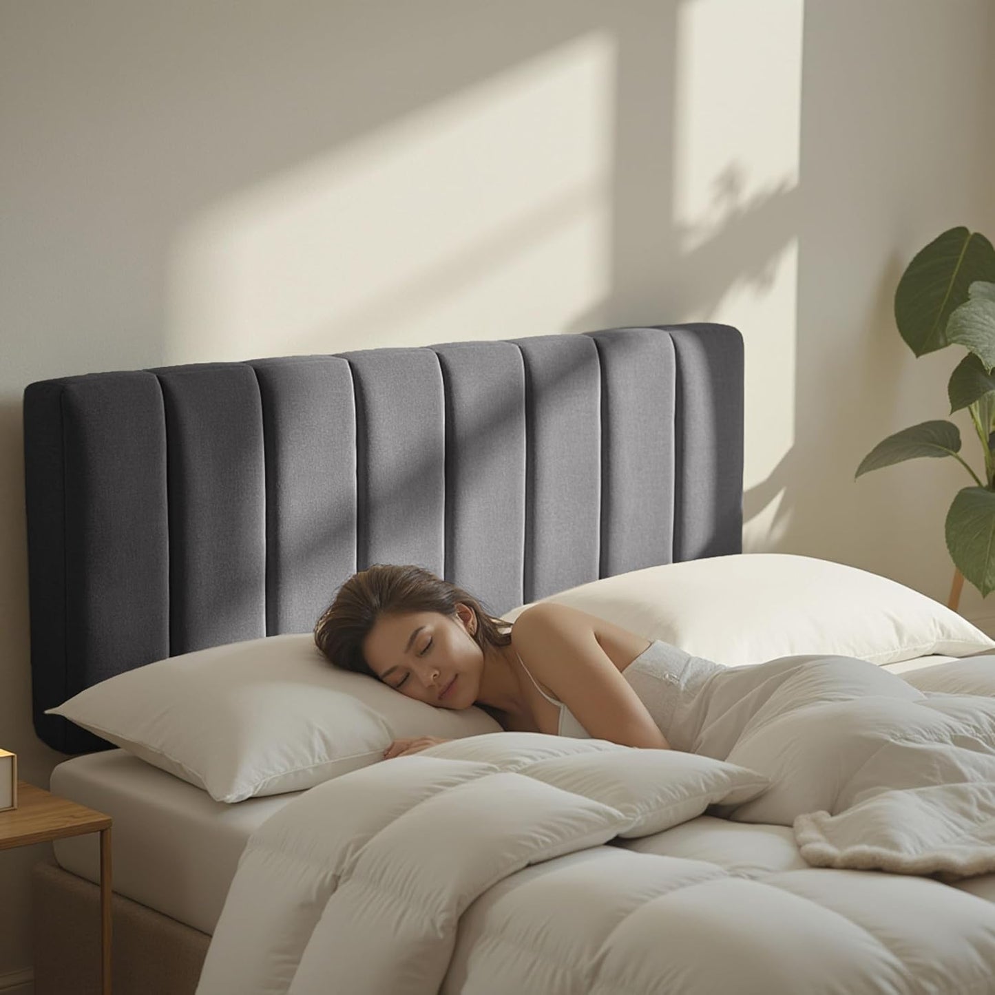 Upholstered King Headboard - Easy Assemble Channel Stitched Headboard King Size Bed - Wall Mounted Headboards with 3D Soundproof Wall Panels Peel & Stick Floating Headboards, Grey