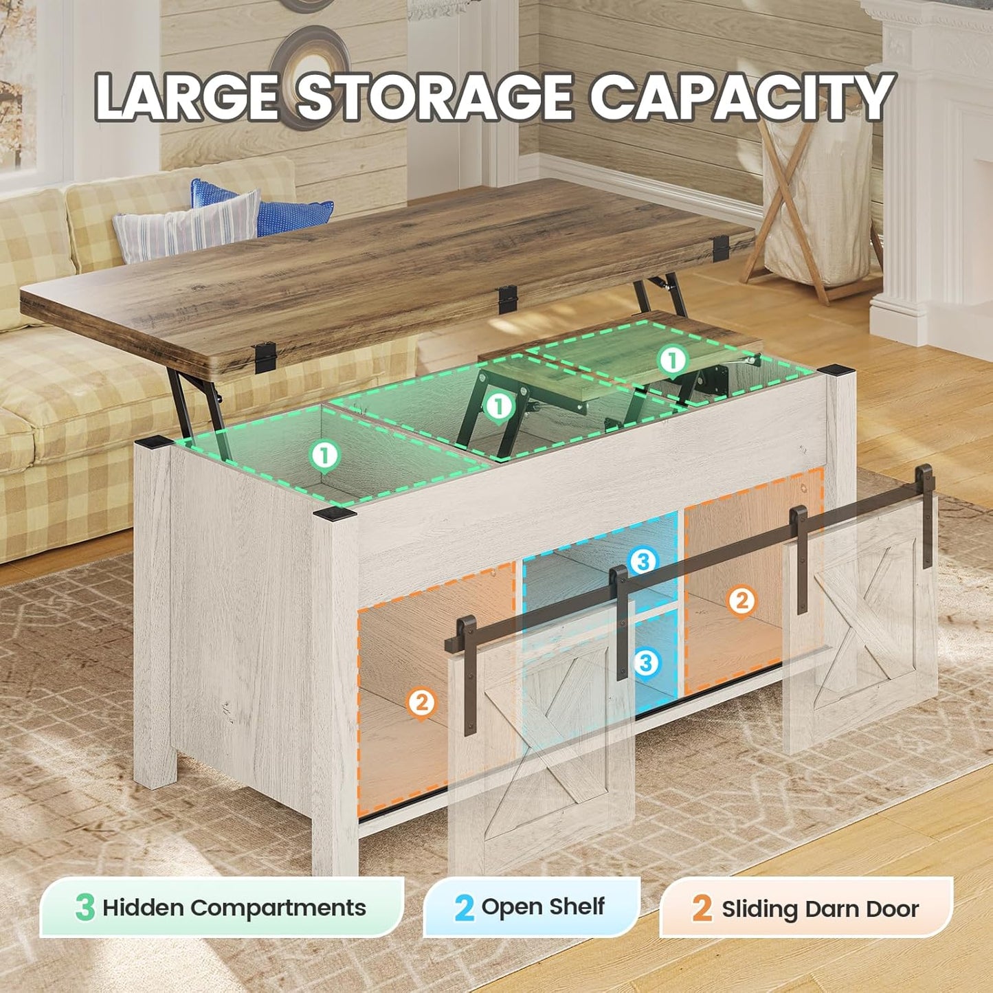 Lift Top Coffee Table, 4 in 1 Multi-Function Convertible Coffee Tables with Storage and Hidden Compartment, Farmhouse Coffee Table Converts to Dining Table for Living Room, Brown Top