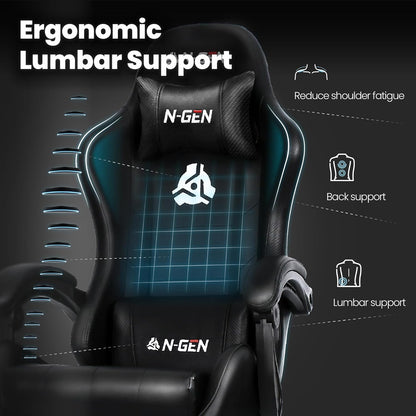 Video Gaming Chair with Footrest Lumbar Support for Home Office High Back Recliner Height Adjustable Ergonomic Comfy Leather Computer Desk Chair (Black)