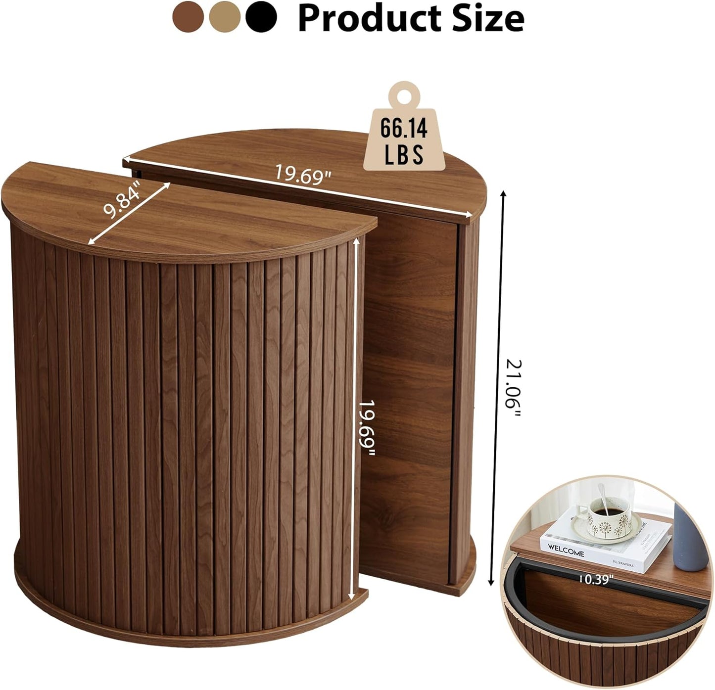 Nesting round Side Table Set of 2, Half-Moon End Tables with Storage Lids, Accent Fluted Bedside Tables with Metal Frame, Sofa Table Nightstand for Bedroom Living Room (1 Round, Walnut)