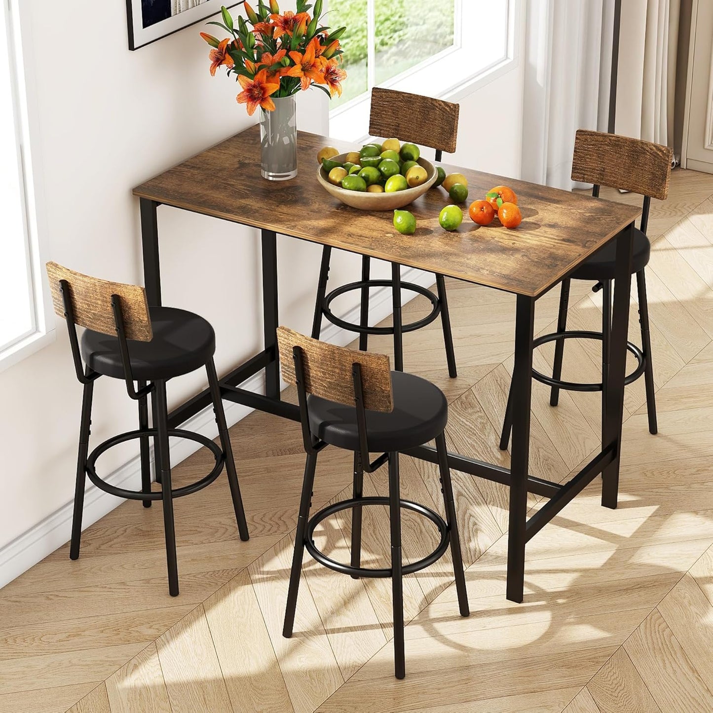 Bar Table and Chairs Set of 4, 5 Piece Counter Height High Breakfast Table Chairs Set of 4 for Dining Room, Brown