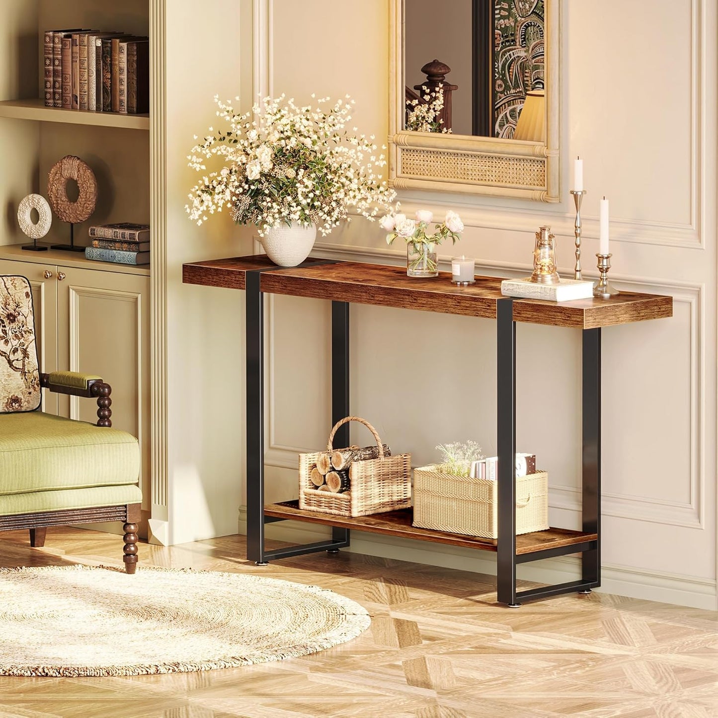 47.2 Inch Entryway Table, 2-Tier Industrial Console Sofa Table, Accent Table with Storage, for Entry, Hallway, Entrance, Foyer, T-Shaped Metal Frame, Rustic Brown