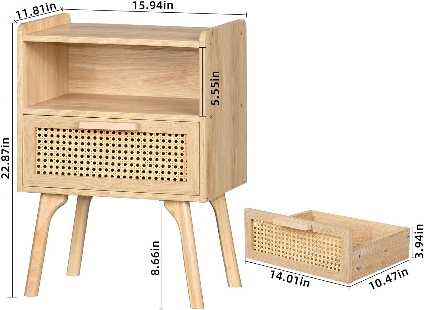 Rattan Nightstand, Boho Side Table with Drawer Open Shelf, Cane Accent Bedside End Table with Solid Wood Legs for Bedroom, Dorm and Small Spaces (Natural)