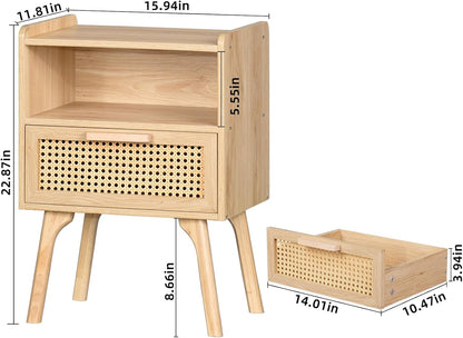 Rattan Nightstand, Boho Side Table with Drawer Open Shelf, Cane Accent Bedside End Table with Solid Wood Legs for Bedroom, Dorm and Small Spaces (Natural)
