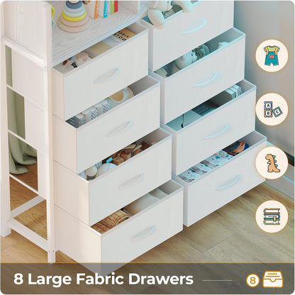 Twin Size Loft Bed with Desk and 8 Storage Drawers, Metal Kids Loft Bed Twin with LED Lights & Charging Sation, Storage Shelves, 13.1" H Safety Guard & Ladder, No Box Spring Needed, White