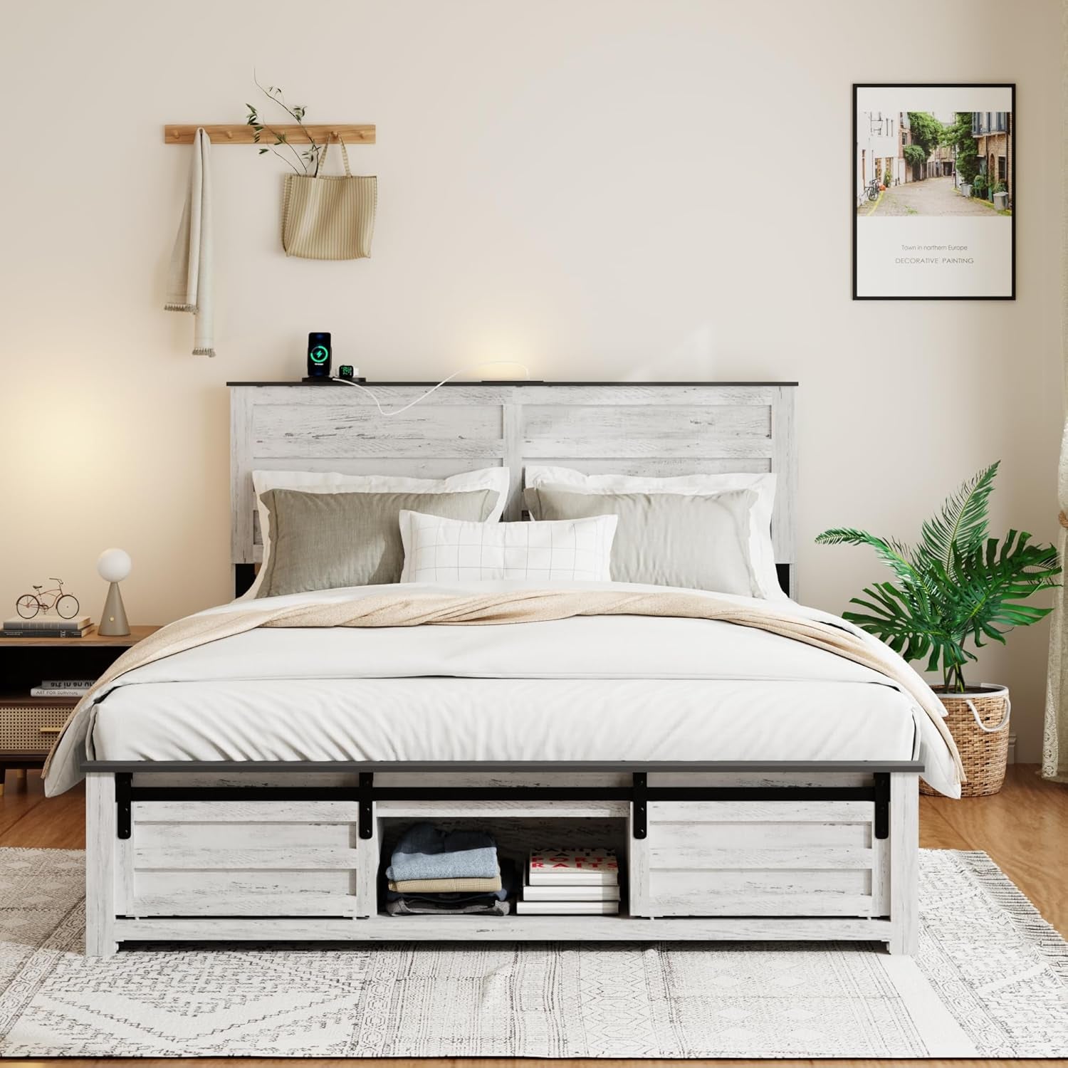 Wooden Queen Size Bed Frame with Headboard, Boho White Farmhouse Storage Bedframe with Sliding Barn Door Footboard and Charging Station, Solid Wood Slats, No Box Spring Needed