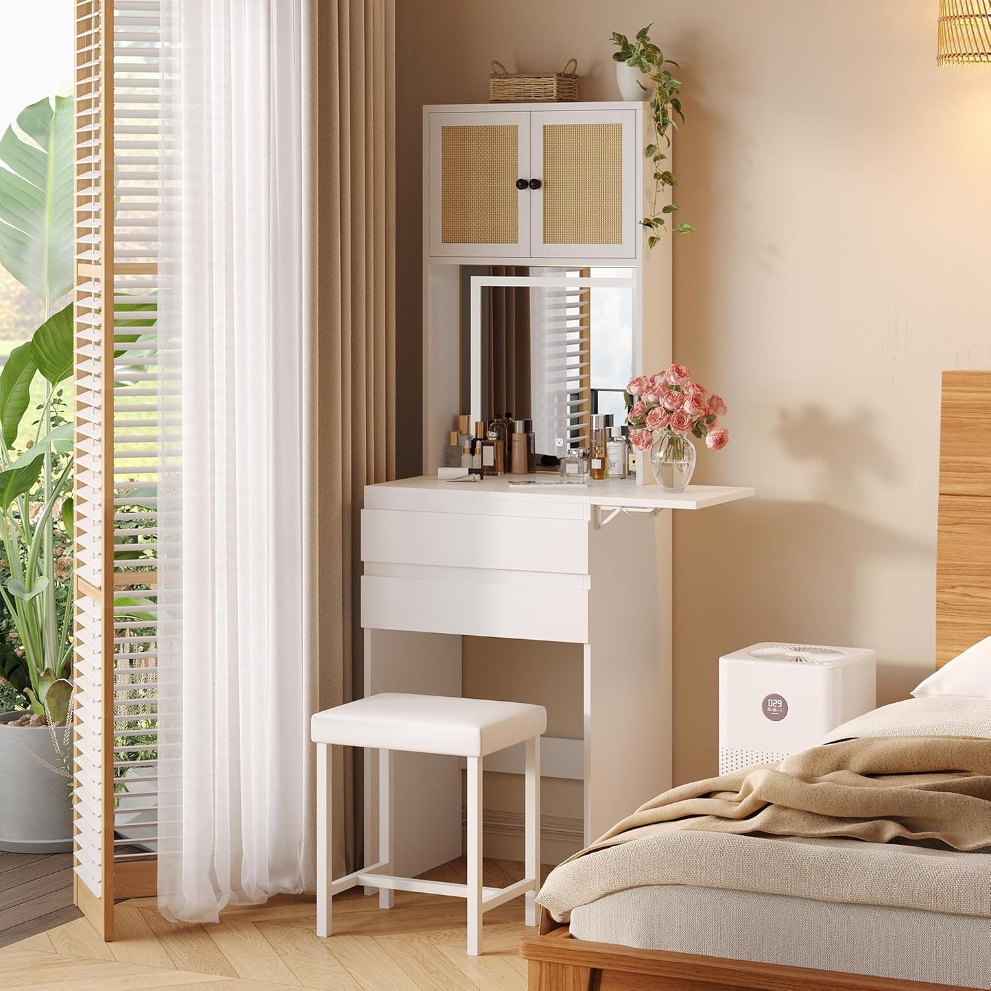 Small Vanity Desk with Mirror and Lights, White Compact Makeup Vanity with Chair and Fold-Up Panel for Small Spaces, Skinny Rattan Dressing Table Set, Dimmable 3-Color, Space Saving, Girls