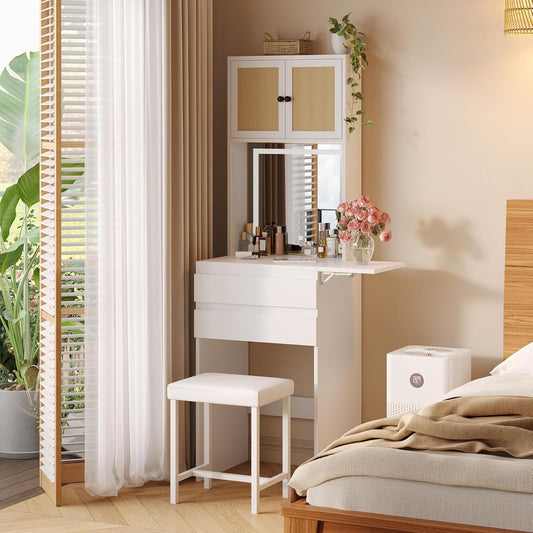 Small Vanity Desk with Mirror and Lights, White Compact Makeup Vanity with Chair and Fold-Up Panel for Small Spaces, Skinny Rattan Dressing Table Set, Dimmable 3-Color, Space Saving, Girls