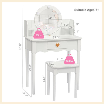 Kids Vanity, Girls Vanity Set with Mirror and Stool and Lights, Pretend Play Kids Vanity Table and Chair Set,Wooden Princess Makeup Desk Dressing Table, White