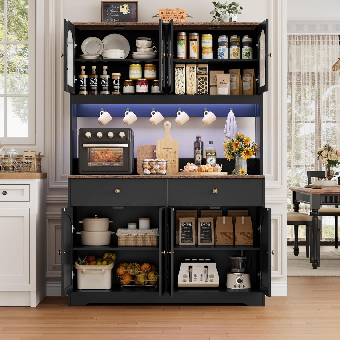 71" LED Kitchen Pantry Cabinet with Power Outlet, Large Kitchen Hutch Storage Cabinet with Arched Door & Shelves & 2 Drawers, Tall Farmhouse Coffee Bar W/Hutch for Home Dining Living Room, Black