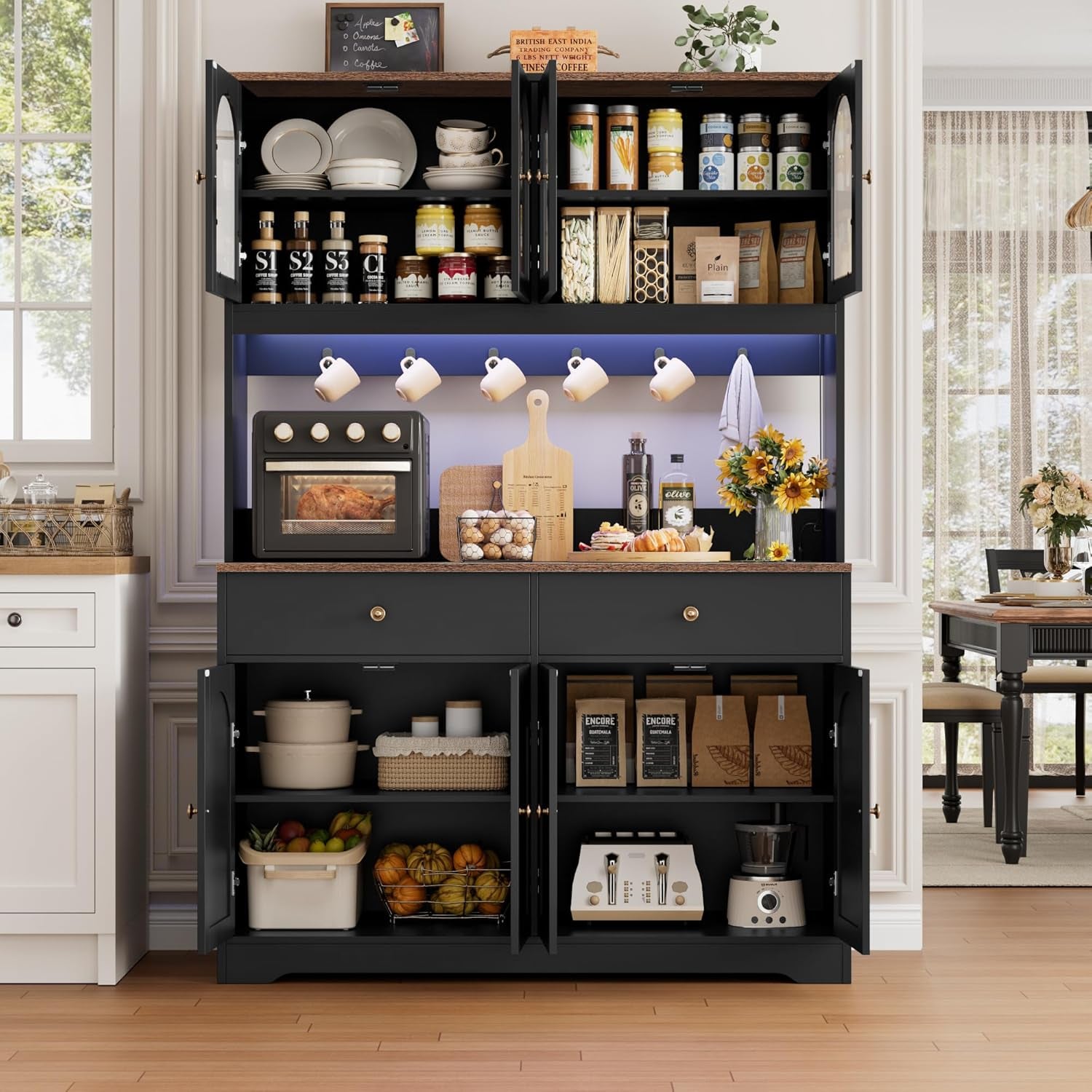 71" LED Kitchen Pantry Cabinet with Power Outlet, Large Kitchen Hutch Storage Cabinet with Arched Door & Shelves & 2 Drawers, Tall Farmhouse Coffee Bar W/Hutch for Home Dining Living Room, Black