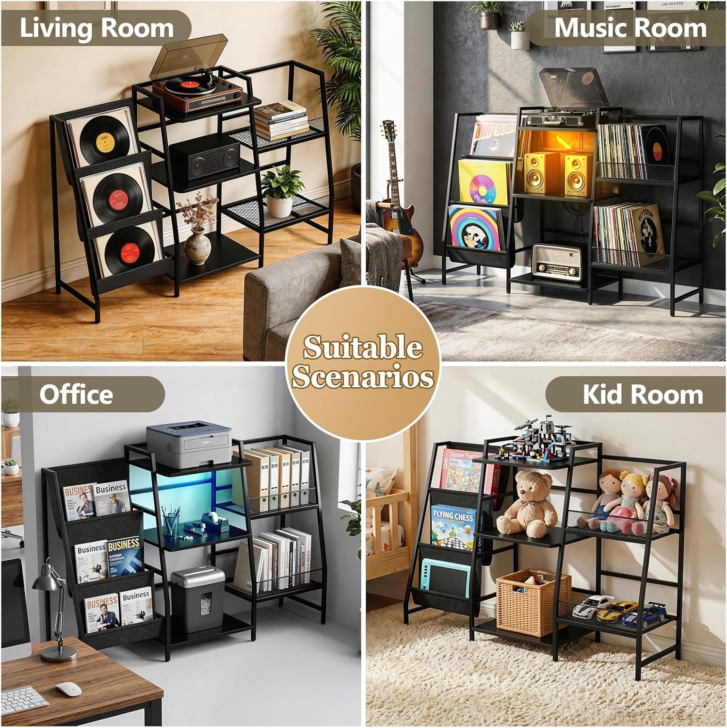 Record Player Stand with LED Lights, Record Player Table with Large Capacity Storage Holds up to 300 Albums, Vinyl Records Stands for Living Room, Turntable Stand Shelf for Albums, Black