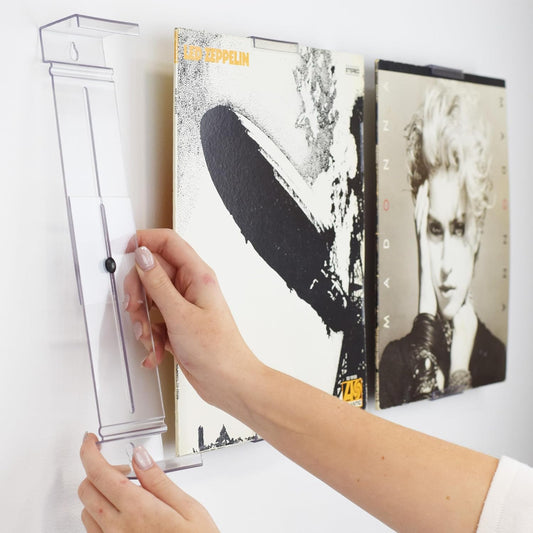 Album Mount 5 Pack Wall Mount Album Frame Brackets or Shelf Stand, Adjustable, Clear to Display Vinyl Records