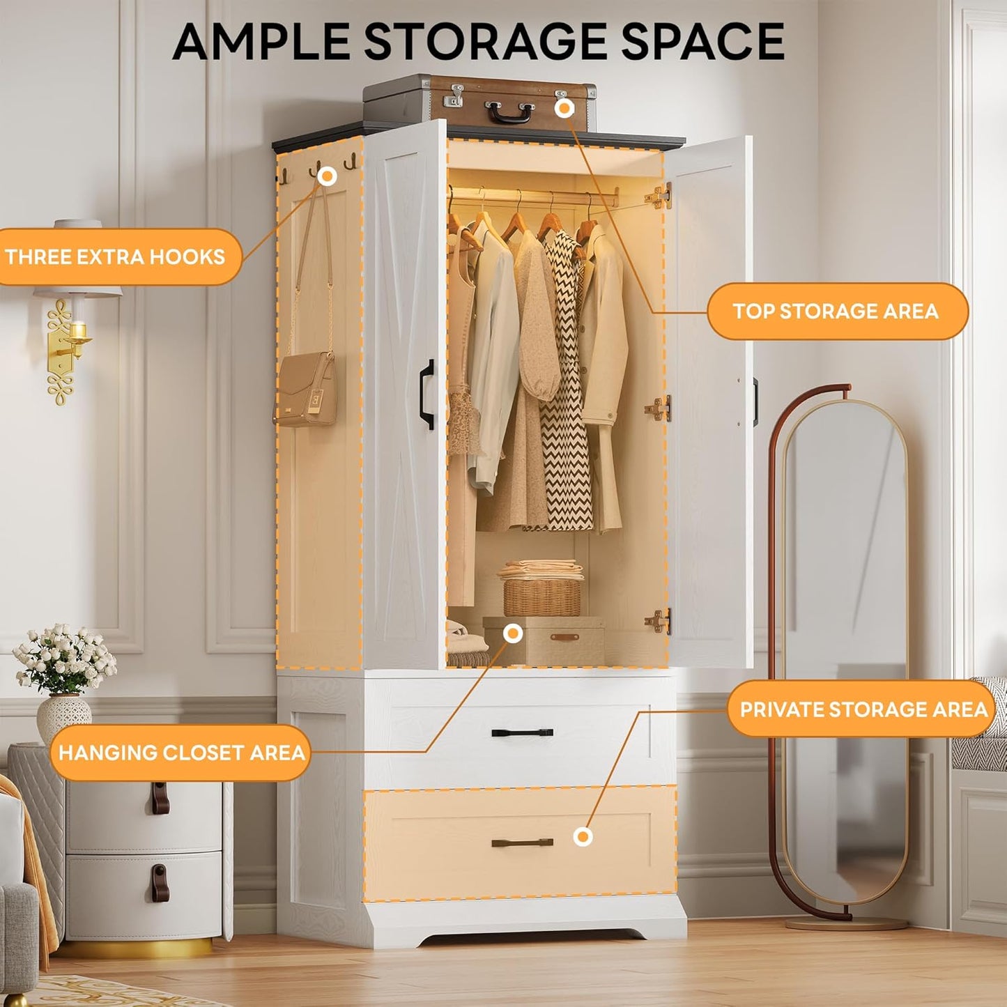 Armoire Wardrobe Closet 70.9" H, Bedroom Wooden Wardrobe with 2 Doors, 2 Drawers and Sensor Light, Clothing Storage Cabinet Organizer Combination with Hanging Rod, Hooks, White