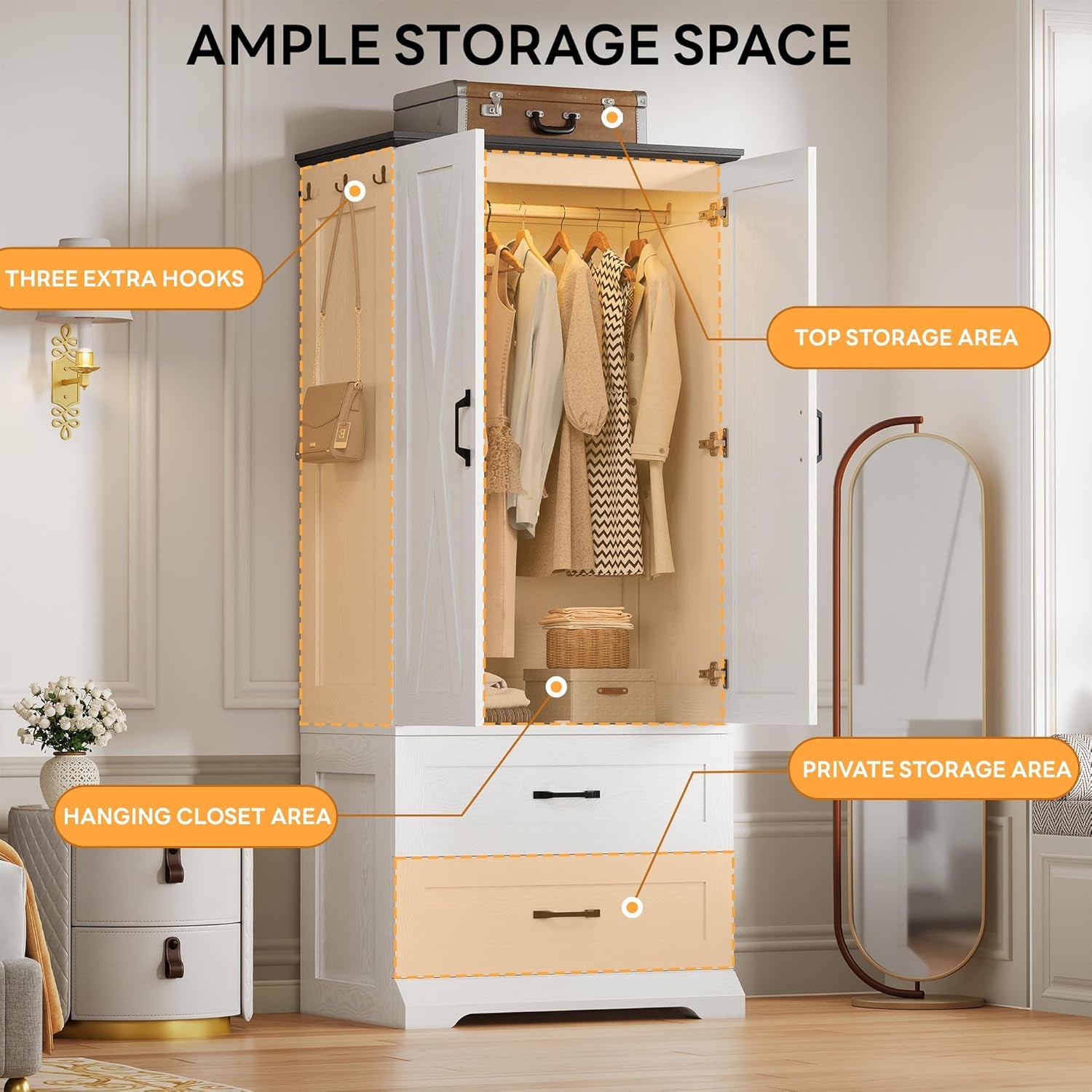 Armoire Wardrobe Closet 70.9" H, Bedroom Wooden Wardrobe with 2 Doors, 2 Drawers and Sensor Light, Clothing Storage Cabinet Organizer Combination with Hanging Rod, Hooks, White