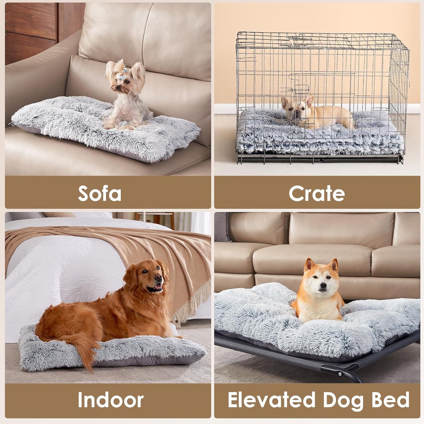 Fluffy Dog Crate Bed for Extra Large Dogs, Plush Faux Fur Pad, Calming anti Anxiety XL Bed for Crate, Washable Soft Warm Dog Mat with Non-Slip Bottom, Grey