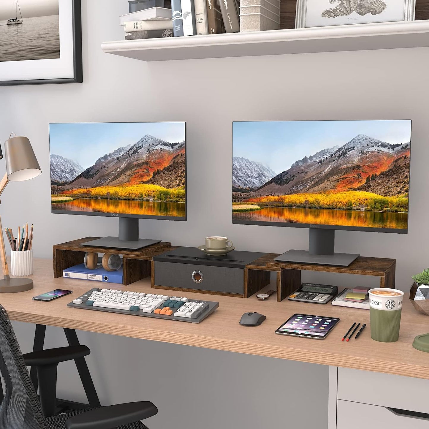 Triple Dual Monitor Stand Riser with Drawer,Extra Large Adjustable for 2~3 Monitors,Solt for Phone & Tablet, Desktop Organizer Stand for Computer,Laptop,Printer,Tv