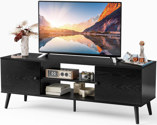 TV Stand for 55 60 Inch TV, Modern Mid Century Entertainment Center with Storage, Media Console Table 2 Cabinet, Soft Hinge, Handle Door, Wooden Living Room, Office Furniture, Pure Black