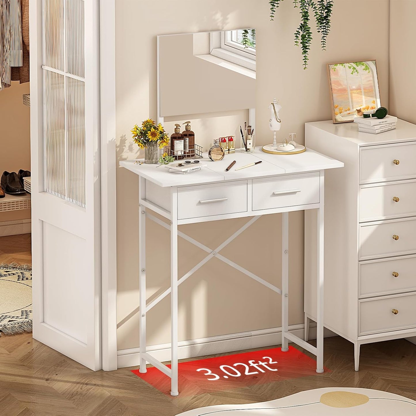 Small Vanity Desk with Mirror and Drawers, White Makeup Vanity Table with Storage, Compact Vanity for Bedroom, Modern Makeup Desk for Girls, Space-Saving Vanity Table