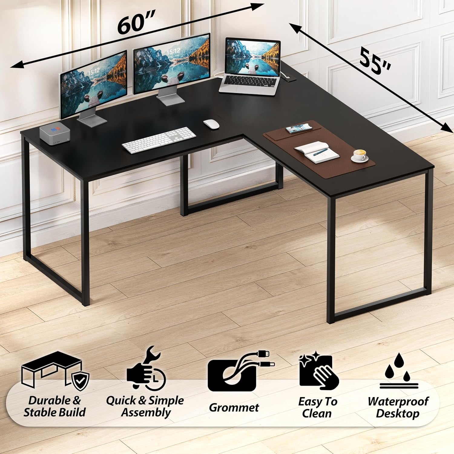 Mission 55 X 60 Inches L-Shape Home Office Computer Desk, Black
