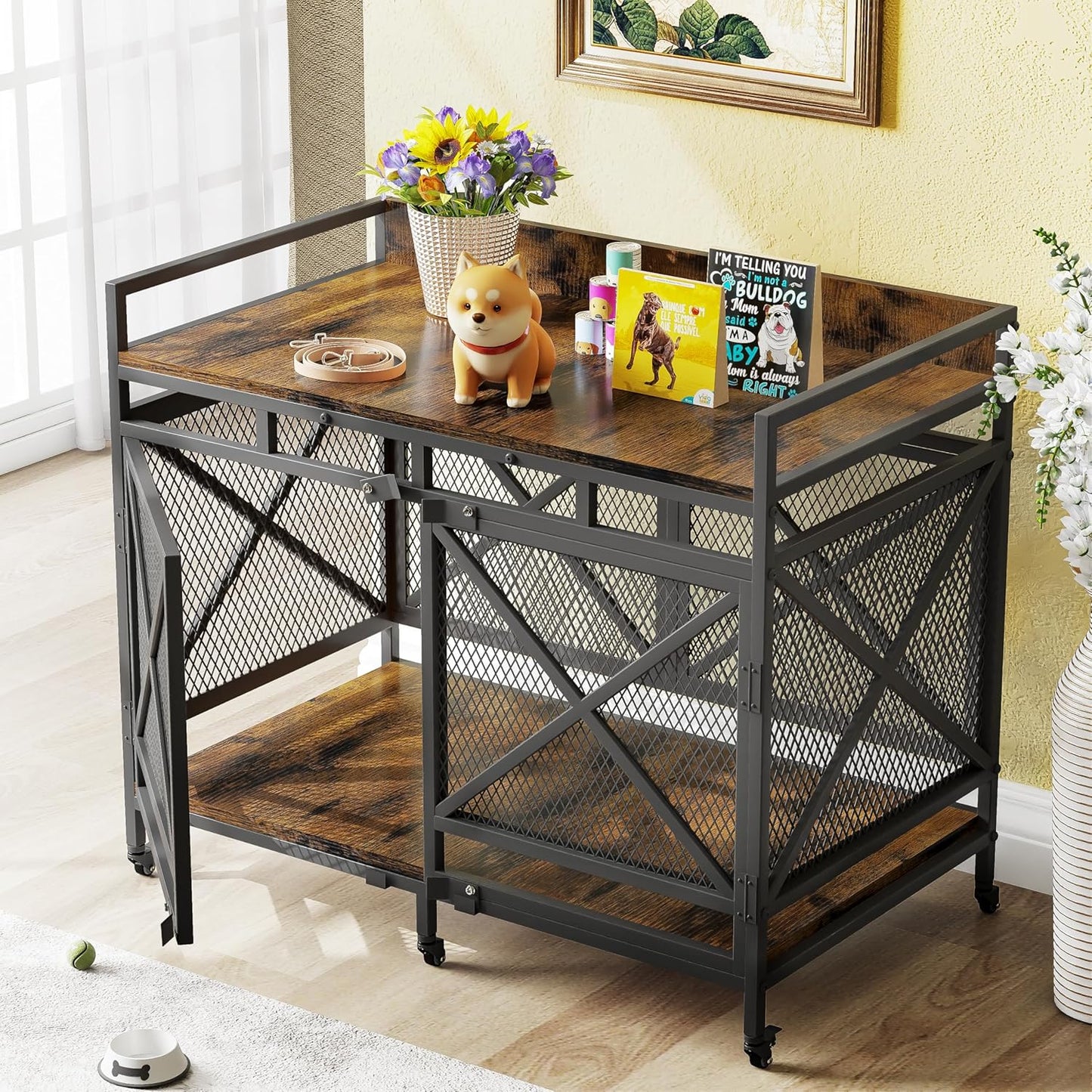 Large Dog Crate Furniture, 48 Inch Wooden Dog Kennel for Xlarge Dogs, Heavy Duty Dogs Furniture Indoor Wire Dog Cage with Caster Wheels, Decorative Pet House End Table, Brown