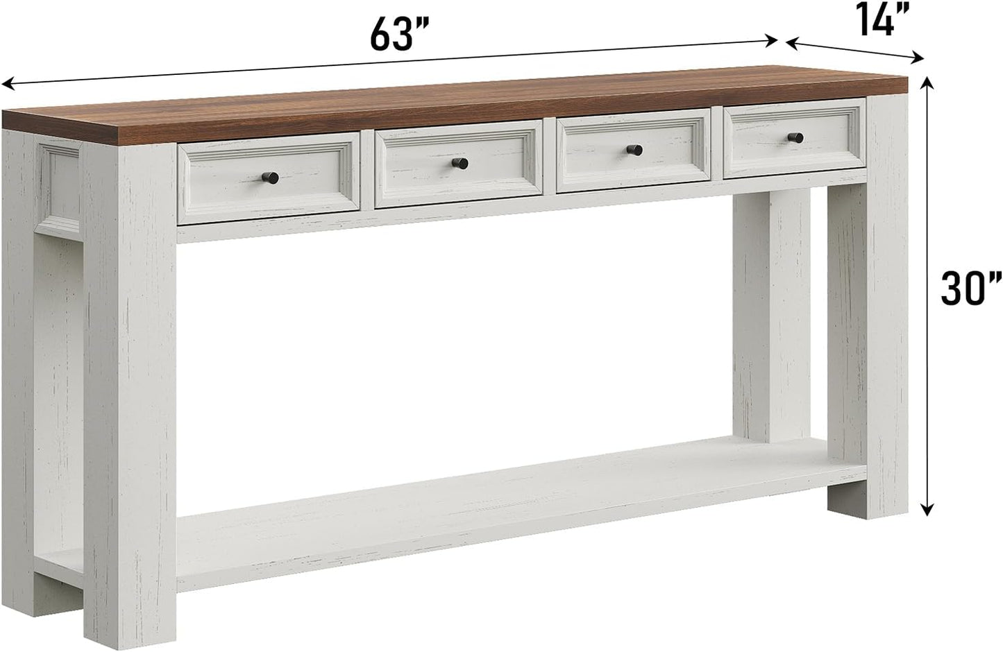 63 Inch Console Table, Sofa Table behind Couch, Entryway Table with 4 Drawers & Open Shelf, Farmhouse Sofa Table for Living Room (White)