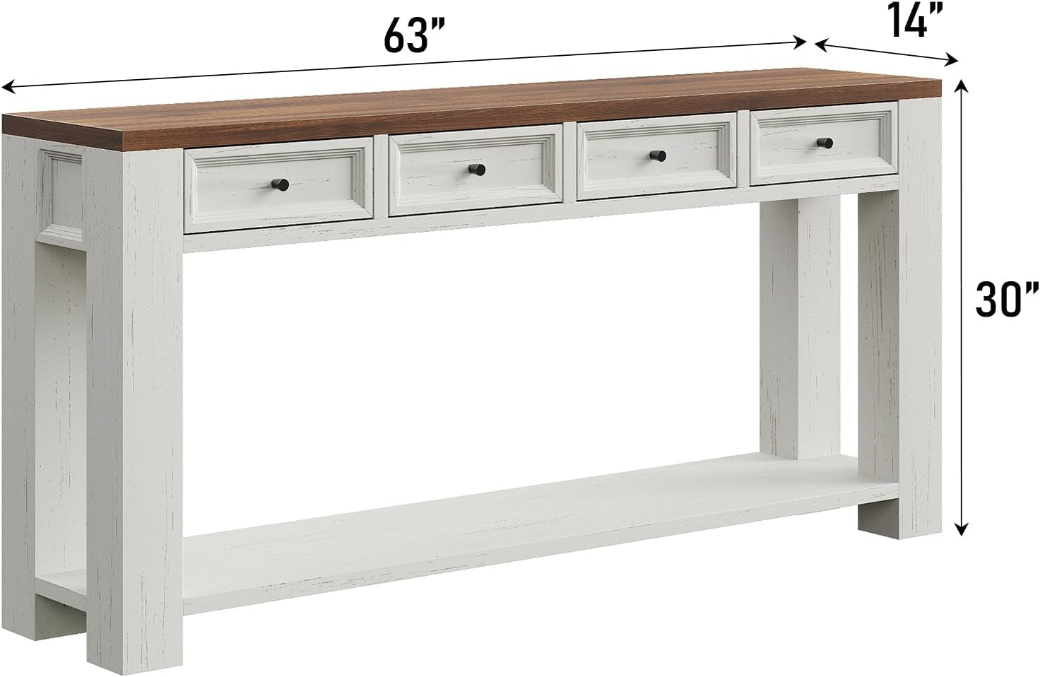 63 Inch Console Table, Sofa Table behind Couch, Entryway Table with 4 Drawers & Open Shelf, Farmhouse Sofa Table for Living Room (White)