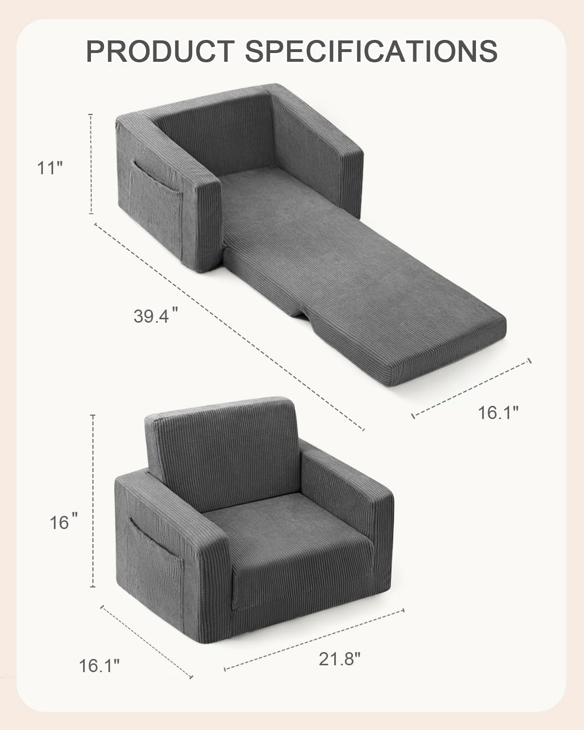 Toddle & Kids Chair,2-In-1 Soft Toddler Couches That Fold Out,Toddler Chairs Comfy 1-3 Years Old,Convertible Sofa to Lounge,Grey