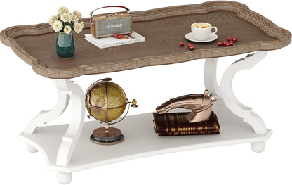 Farmhouse Coffee Table, Rustic White Cocktail Table with Storage Shelf, Sofa Table with Natural Tray Top and Carved Legs for Living Room Furniture Dining Room, Vintage White