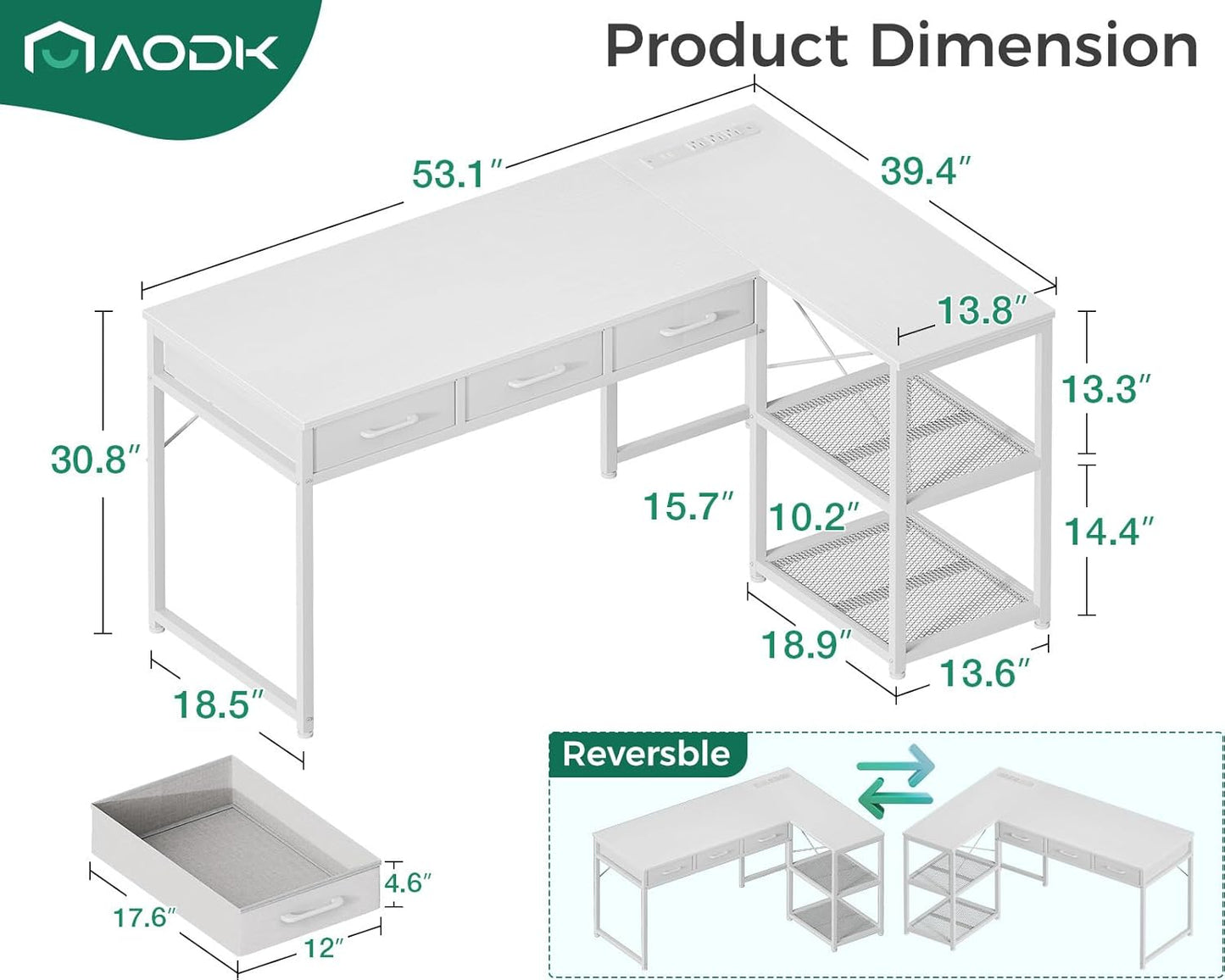 53 Inch L Shaped Computer Desk with Drawers, Corner Desk with Power Outlets & Reversible Storage Shelves, for Home Office Gaming, White
