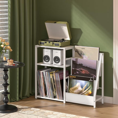 Record Player Table,Turntable Shelf with Vinyl Storage up to 150 Albums,White Side Table with 3 Tier Magazine Periodical Book Rack,Wide Metal Record Holder Cabinet for Room Office