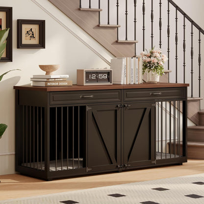 Furniture Style Dog Crate - Indoor Wooden Dog Kennel Furniture with 2 Drawers & Room Divider - 72" L X 23.6" W X 34" H - Black